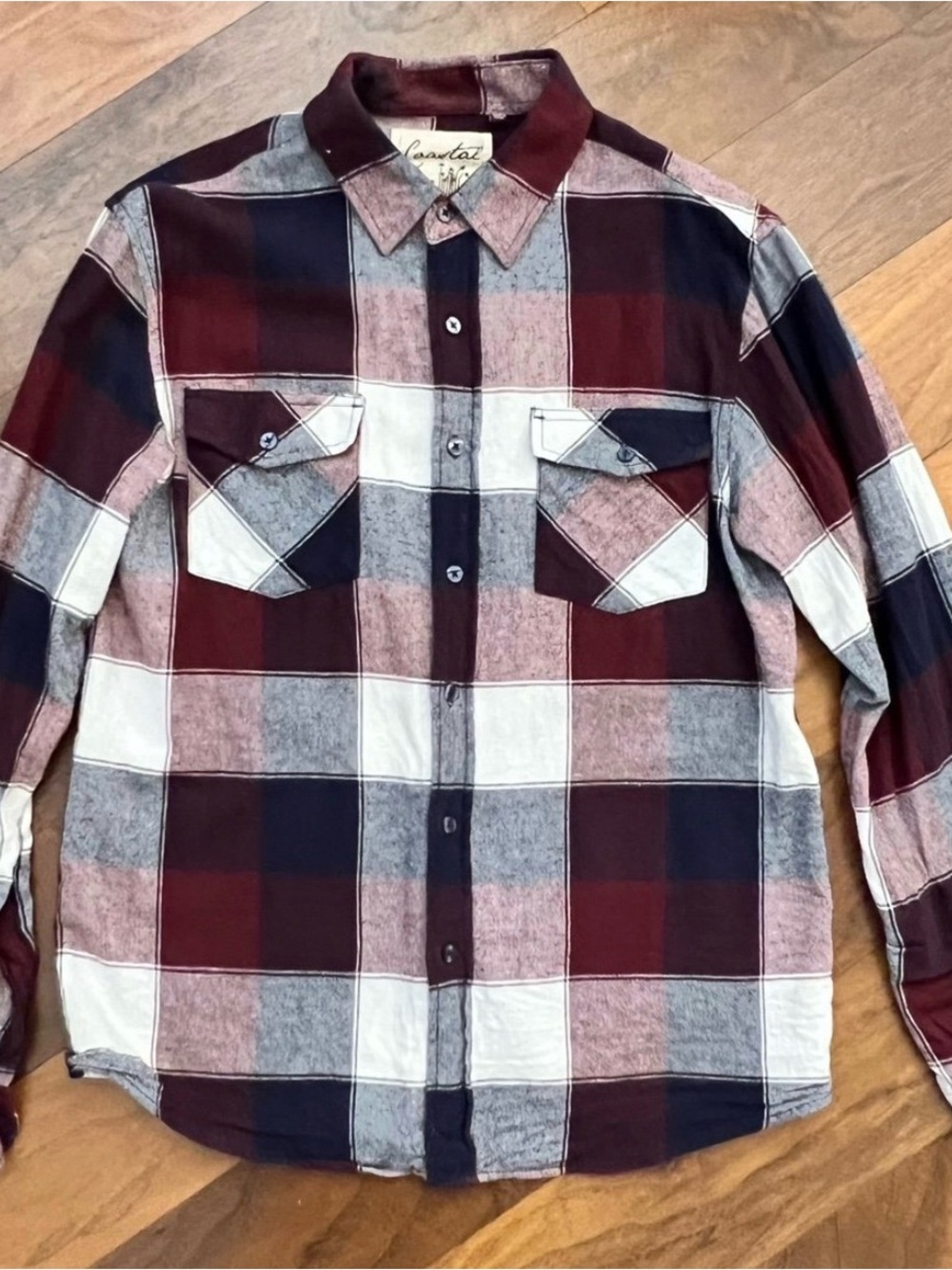 Casual Plaid Button-Up Shirt in Burgundy, Navy & White